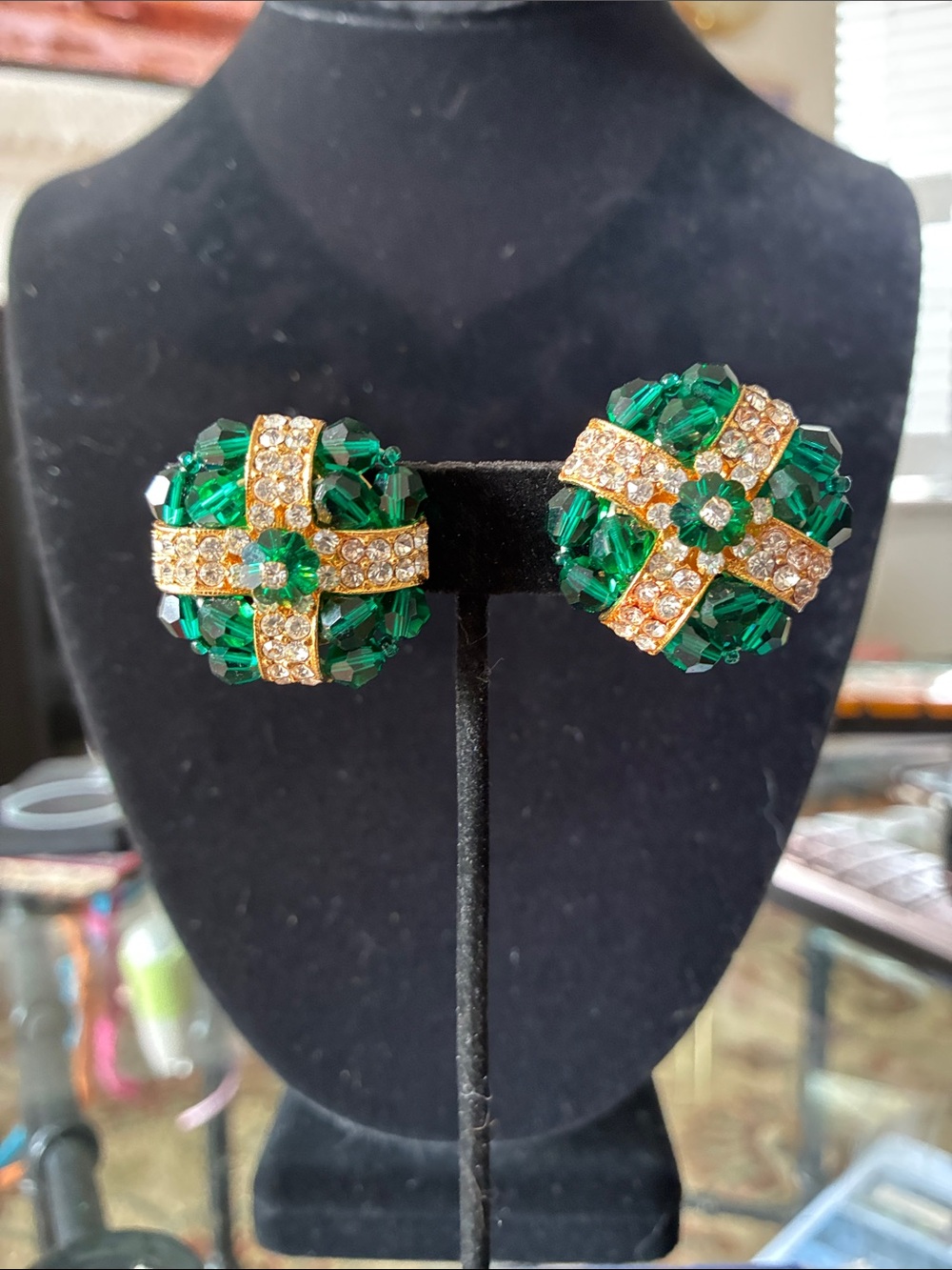 Emerald Green Crystal Button Earrings with Gold Accents